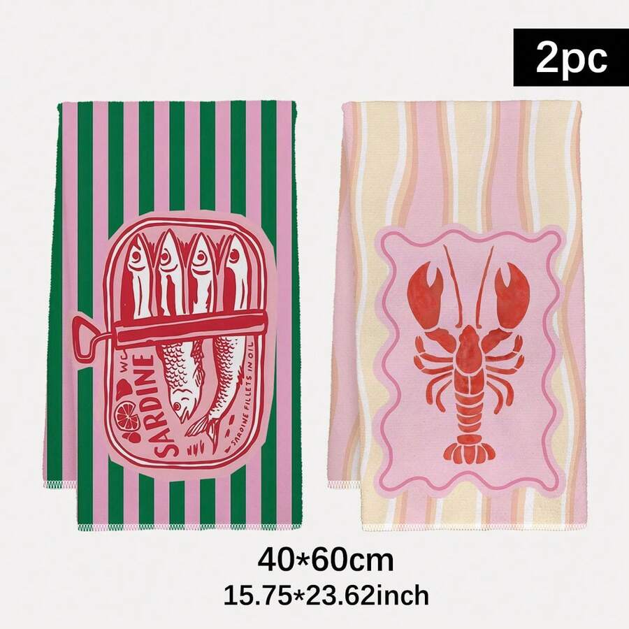 Kitchen Baking Cloth - 2Pcs, Pink and Green Striped Shrimp